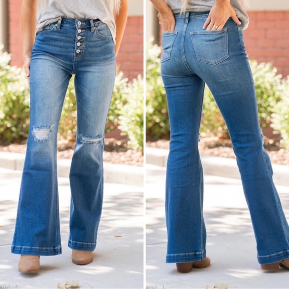 KanCan High Waisted Button Fly Flare Medium Wash Jeans Petite BNWT - Picture 2 of 8